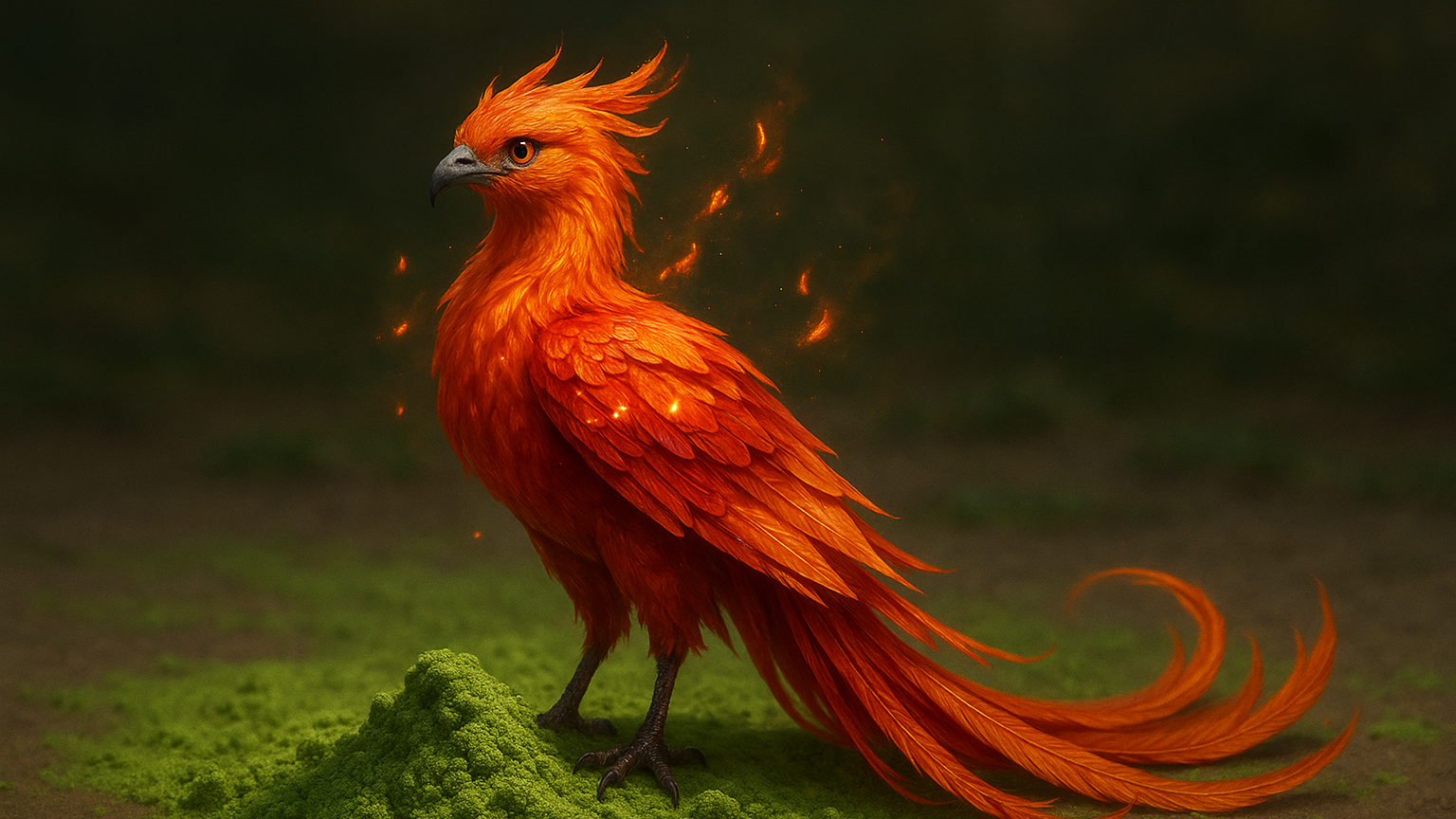 I want a phoenix bird standing on matcha powder on the ground